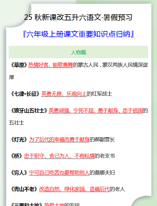【2025秋新版】六年级上册课文重要知识点归纳