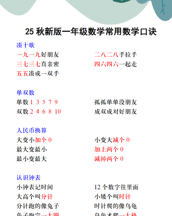 【2025秋新版】一年级数学常用数学口诀