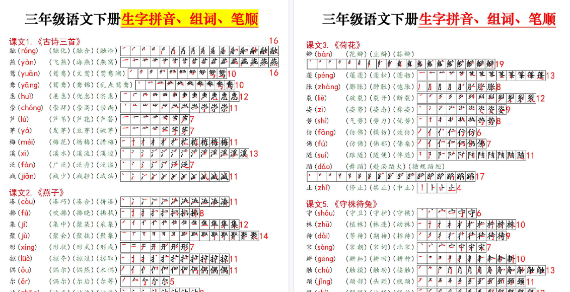 【11页高清完整版】三（下）语文 课课贴高清版（生字拼音组词笔顺）