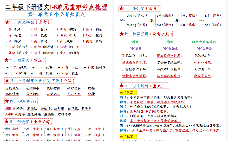 【2026春21页完整版】二年级下册语文【1-8单元重难考点梳理】答案