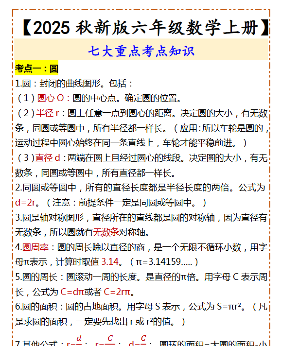 【2025秋新版】【六年级数学上册】 七大重点考点知识