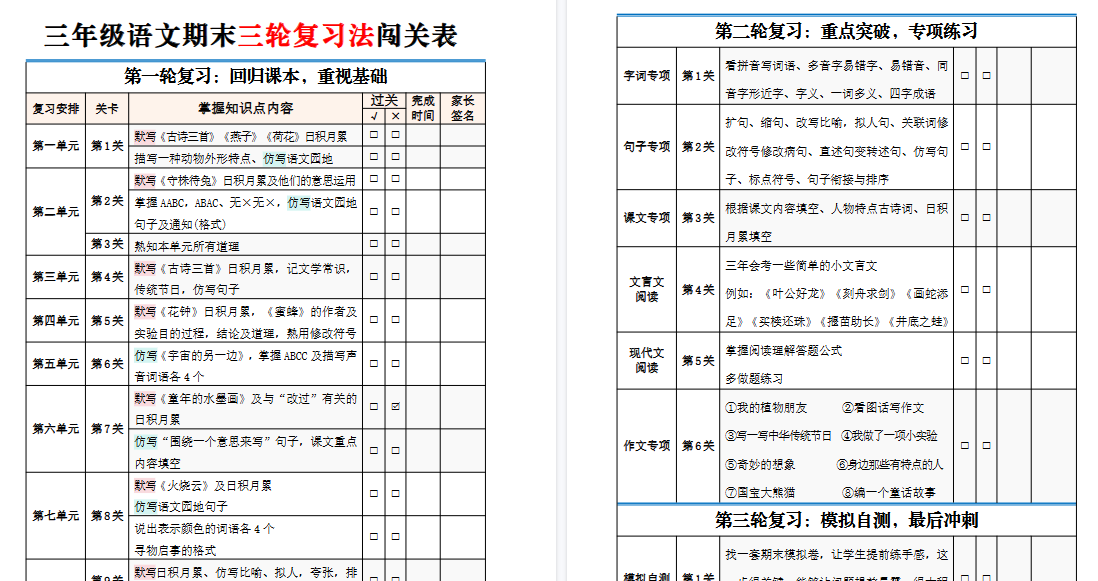 【2页高清完整版】三下语文【期末三轮复习法闯关表】