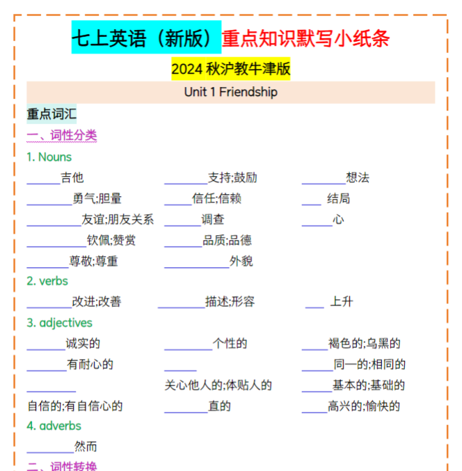 17页！七上英语（新版）重点知识默写小纸条【空白版+答案】