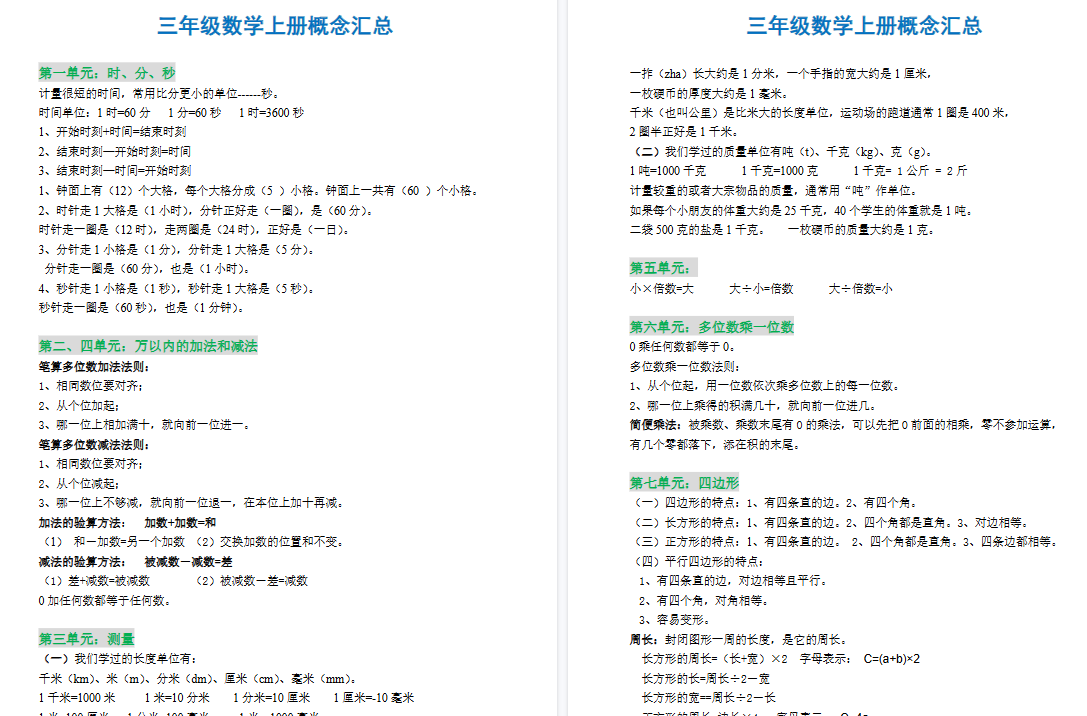 【3页高清完整版】三年级【人教版】概念汇总 三年级上册