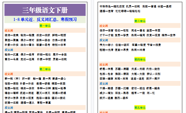 【2026寒假4页】三年级语文下册1-8单元近、反义词汇总,寒假预习