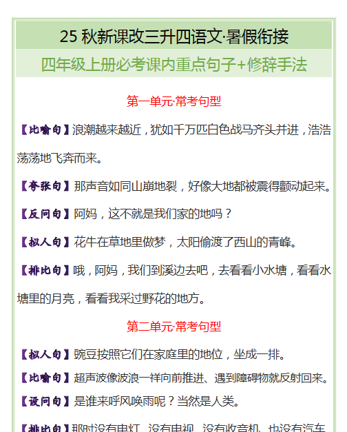 【2025秋新版】四年级上册必考课内重点句子+修辞手法