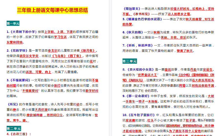 【5页高清完整版】三上语文【各课中心思想总结】