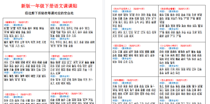 【2026春6页完整版】一年级下册语文二类字课课贴