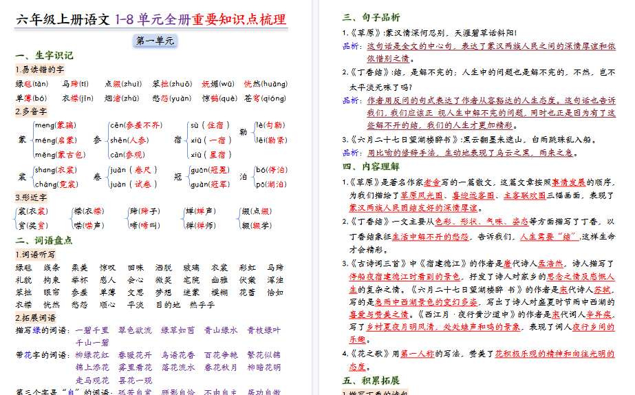 2026秋新版六年级语文知识点期末总结（全册高频考点汇总）