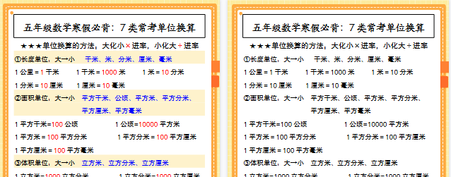 【2026寒假2页】五年级数学寒假必背：7类常考单位换算