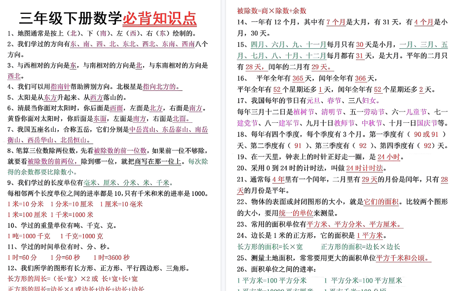 【9页高清完整版】三年级下册数学必背知识点及面积+年月日易错点