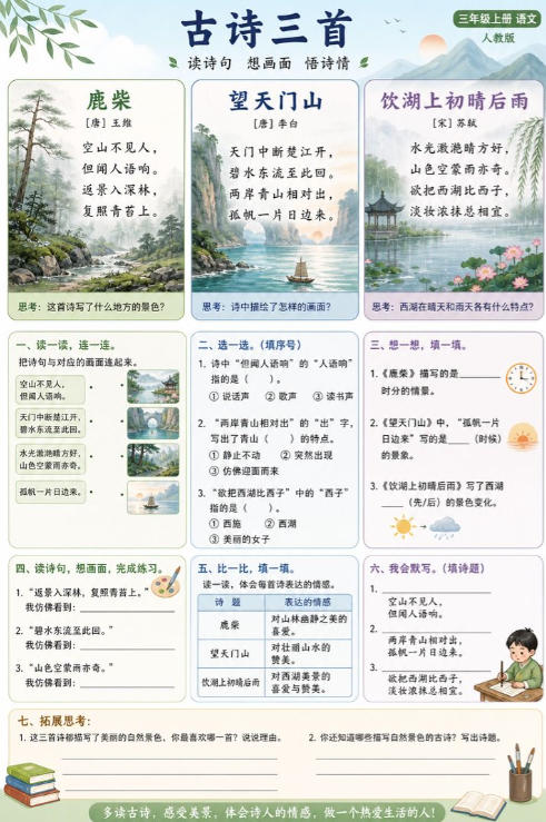 古诗三首(鹿柴、望天门山、饮湖上初晴后雨)--超彩高清版本