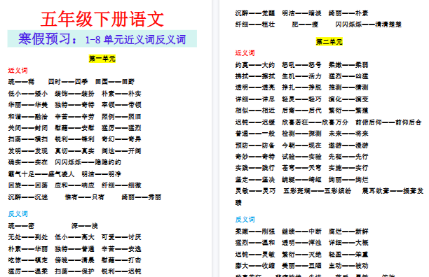 【2026寒假8页】五年级下册语文寒假预习:1-8单元近义词反义词