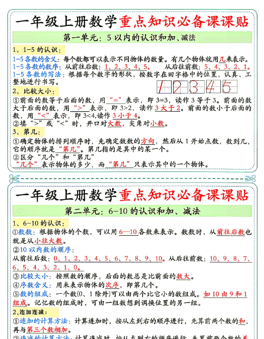 【3页完整版】26秋1年级数学上册《单元重点知识必备课课贴》人教
