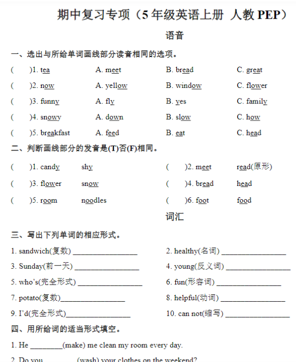 期中复习专项（5年级英语上册 人教版）