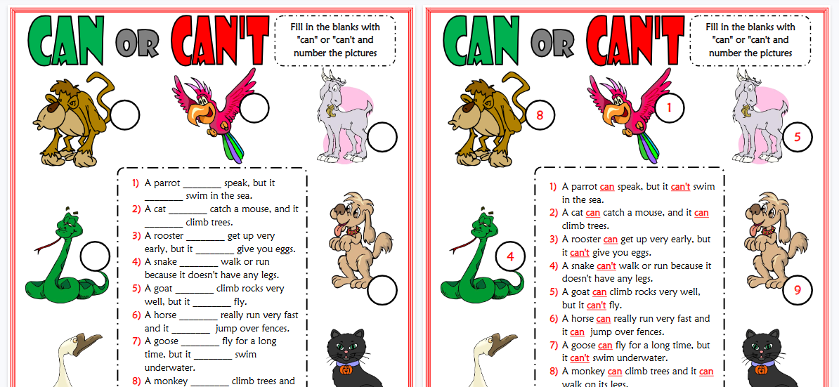 【2页高清彩色版】can or can't esl worksheet with animals vocabulary for kids【完整可直接打印】语法作业纸63套