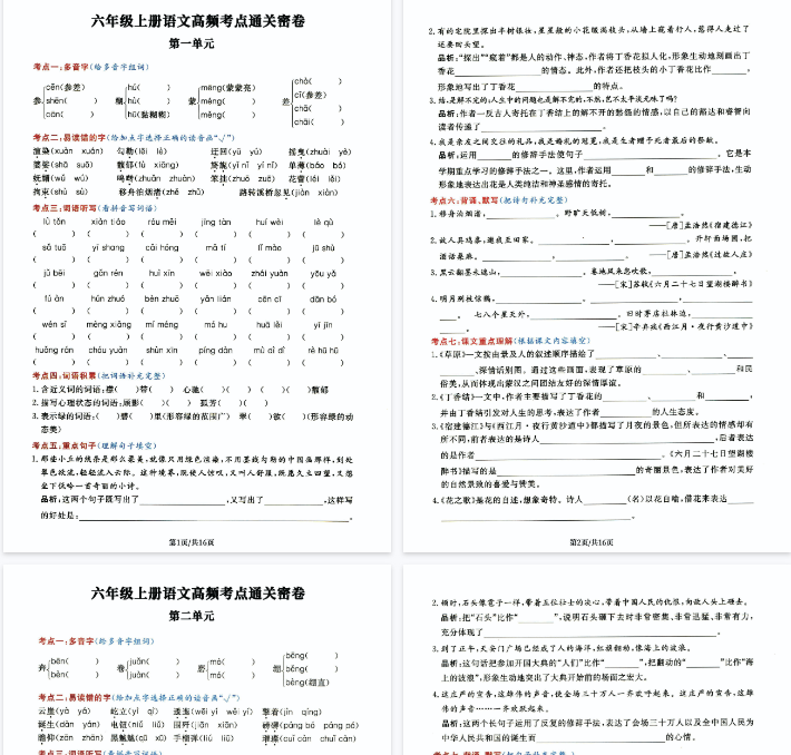 【20页完整版】【语文】六年级上册高频考点通关密卷完整版