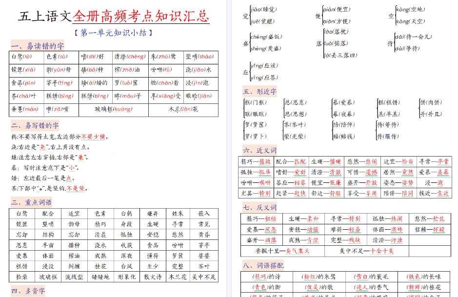 26秋五年级语文上册期末高频考点知识期末汇总