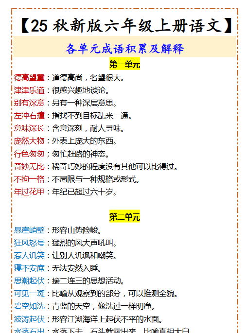 【2025秋新版】【六年级上册语文】 各单元成语积累及解释