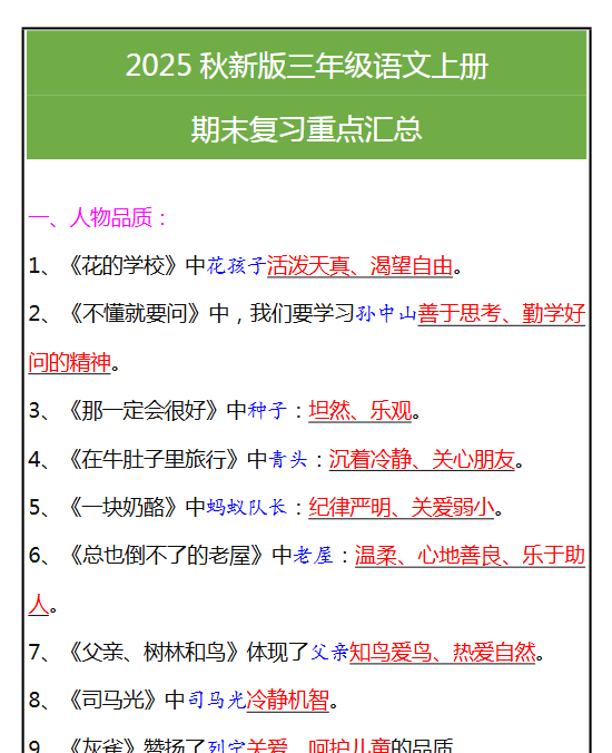 【2025秋新版】三年级语文上册期末复习重点汇总