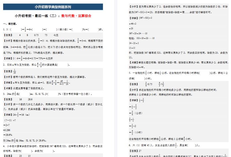 【20页高清完整版】新六年级（下）数学《数与代数》小升初专