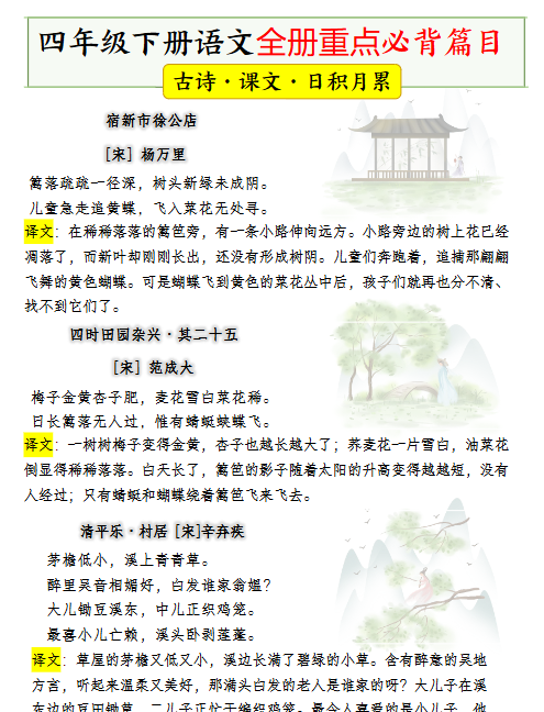【11页高清完整版】四下语文【课本必背内容、古诗词】
