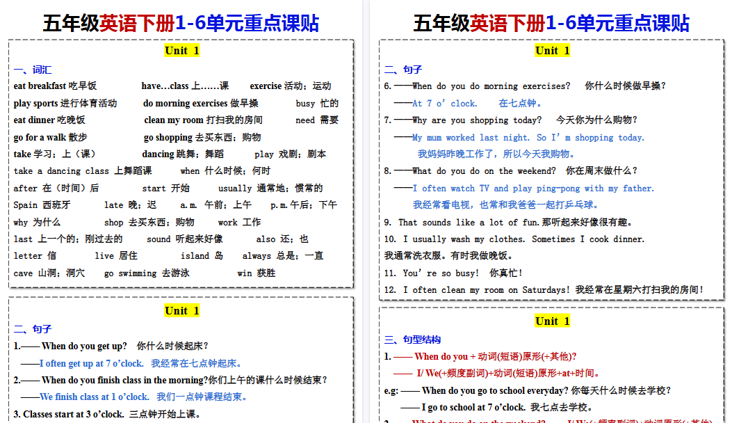 【11页高清完整版】五年级下册英语课贴【人教版】