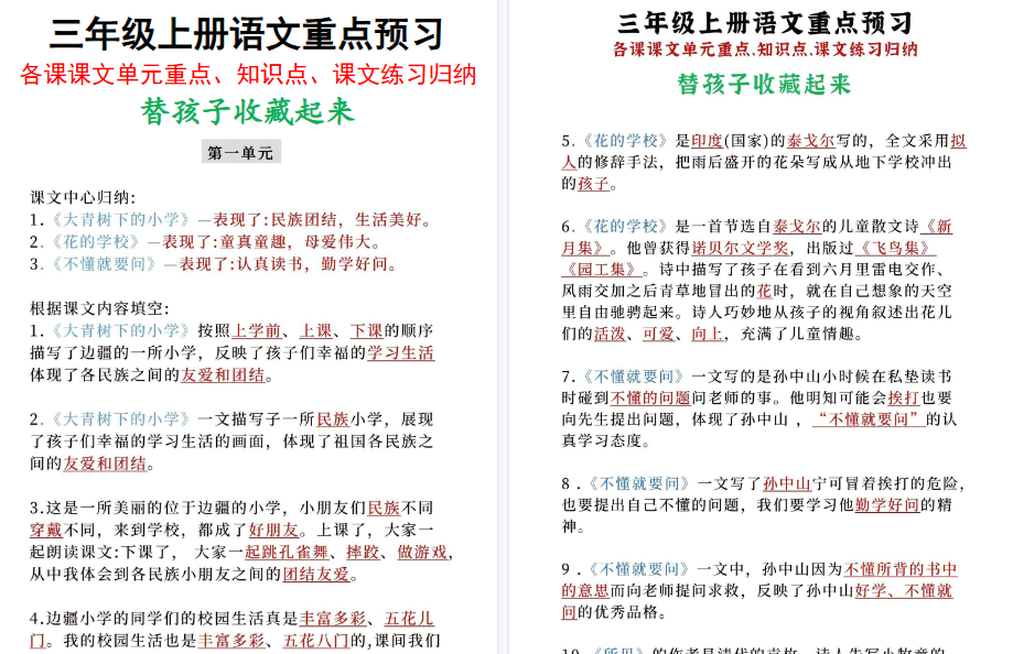 【11页高清完整版】三年级上册语文 各课课文单元重点、知识点、课文练习归纳