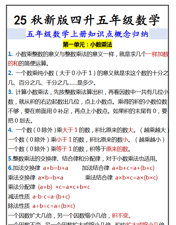 【2025秋新版】五年级数学上册知识点概念归纳