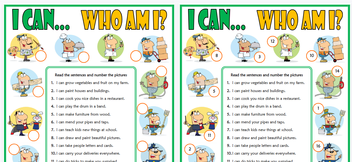 【2页高清彩色版】can or can't esl matching exercise worksheet with jobs theme for kids【完整可直接打印】语法作业纸63套