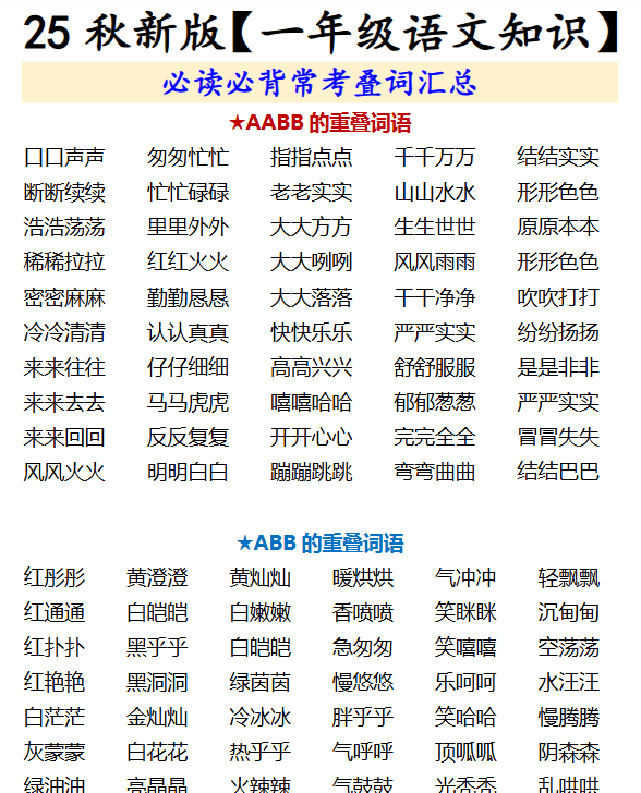 【2025秋新版】【一年级语文知识】 必读必背常考叠词汇总