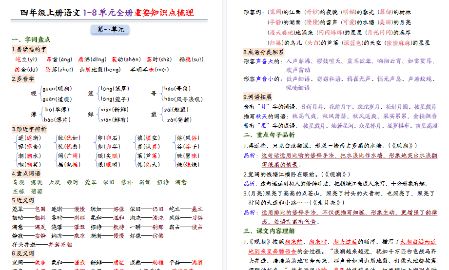 【24页高清完整版】四年级上册语文1-8单元全册重要知识点
