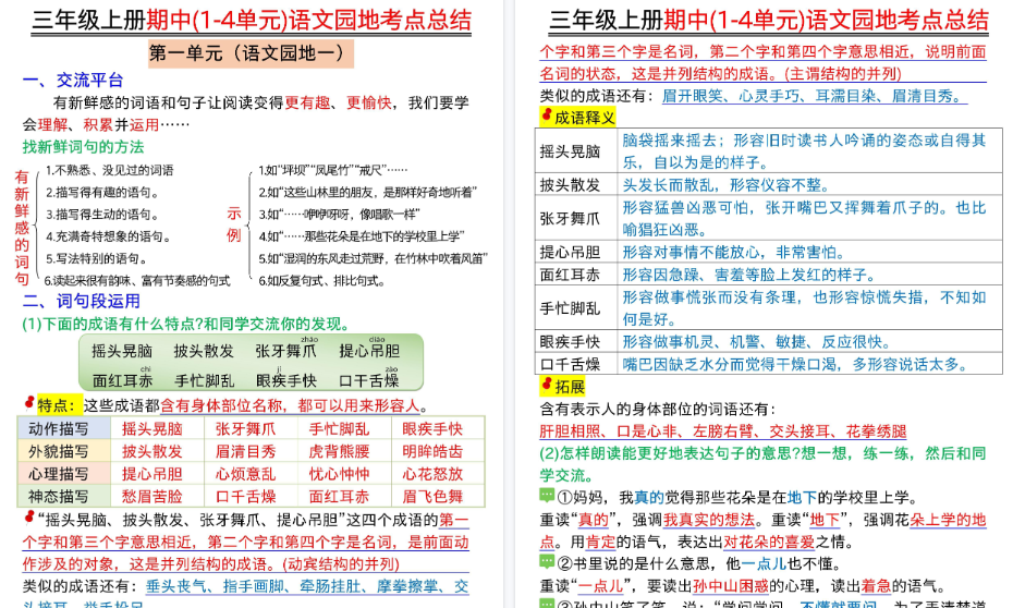 【18页高清完整版】三年级上册(1-4单元)语文园地考点总结