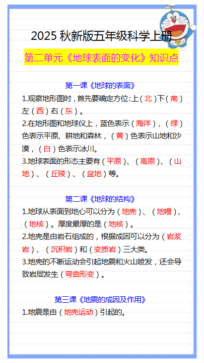 【2025秋新版】五年级科学上册第二单元重点知识,背诵掌握!