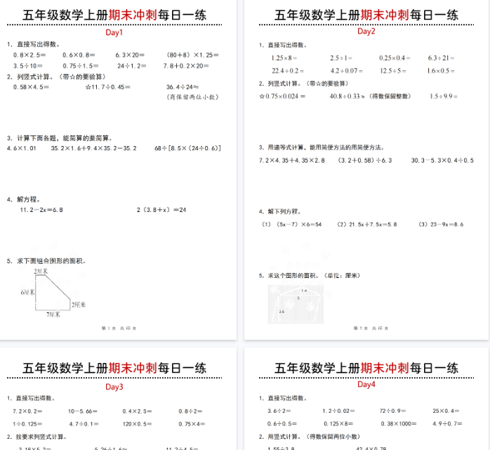 【65页完整版】五上数学期末冲刺每日一练20天