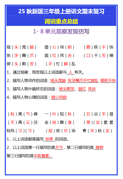【2025秋新版】三年级上册语文期末复习词语重点总结