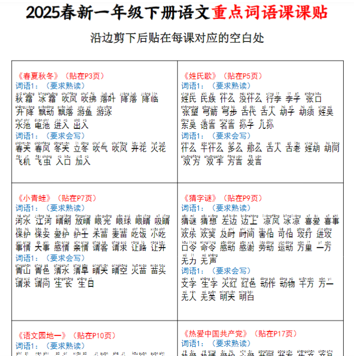 【高清电子版】【25春新一下语文重点词语课课贴(6页)】