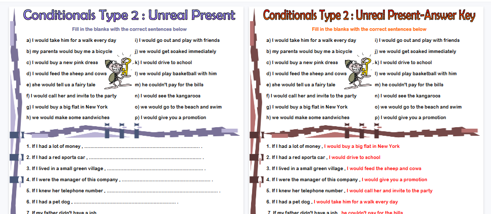 【2页高清彩色版】if clauses conditionals type 2 unreal present exercise worksheet【完整可直接打印】语法作业纸63套