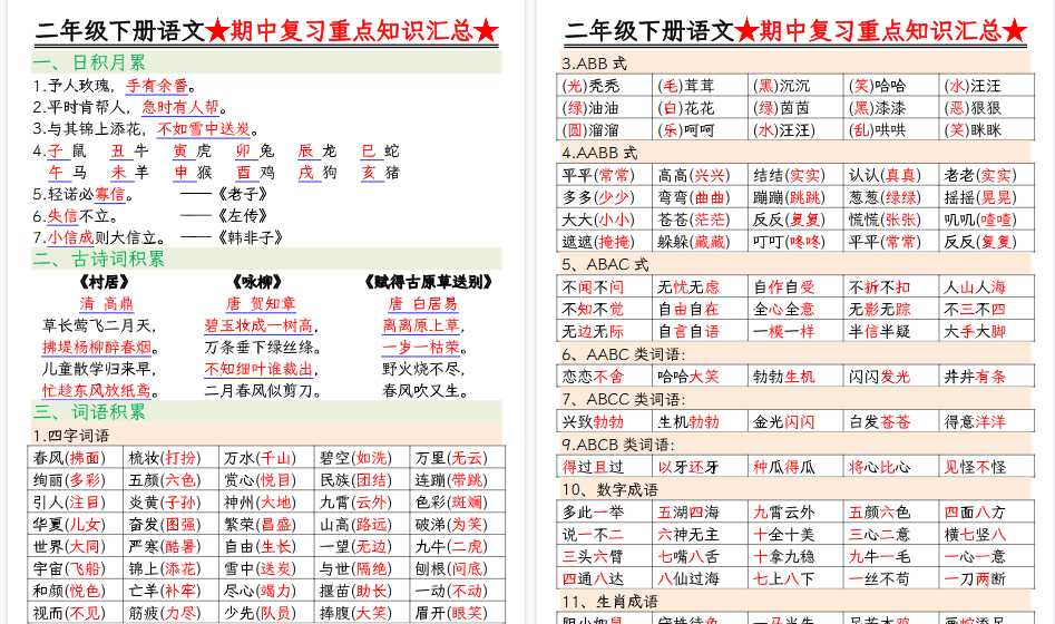 【13页高清完整版】二下语文期中复习重点知识汇总