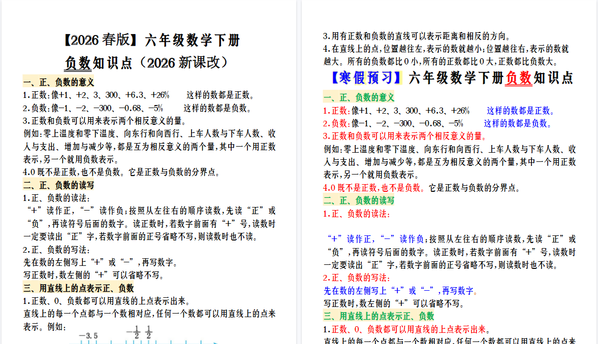 2026春新版【寒假预习】六年级数学下册负数知识点