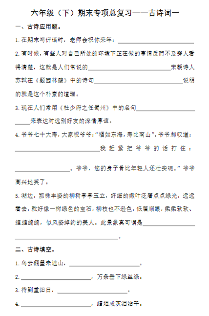 《2025春新课改六下语文-期末复习古诗词专项训练》