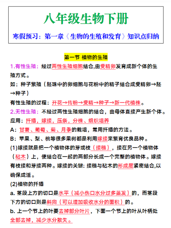 八年级下册生物第一章《生物的生殖和发育》知识点归纳