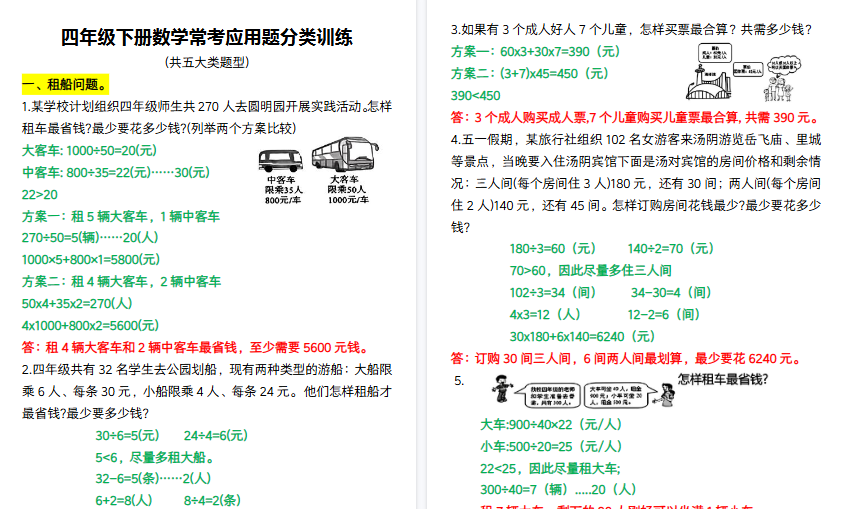 【6页高清完整版】四年级下册数学常考应用题分类训练