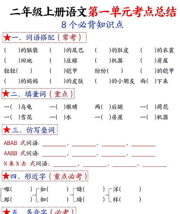 二年级上册语文1-8单元考点默写-空白