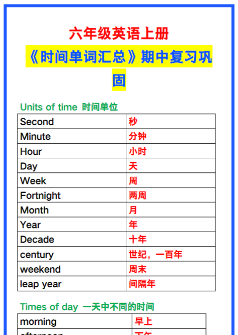 六年级英语上册《时间单词汇总》,期中复习巩固!