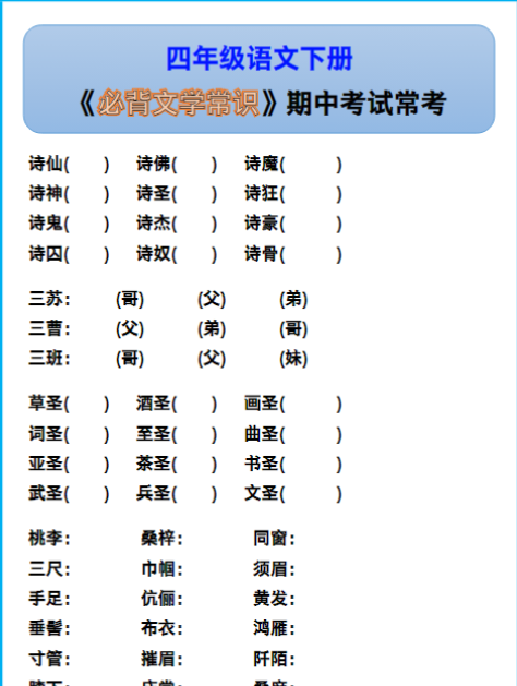 四年级语文下册《必背文学常识》期中考试常考!