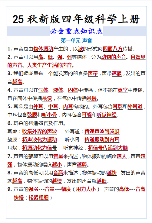 【2025秋新版】四年级科学上册 必会重点知识点