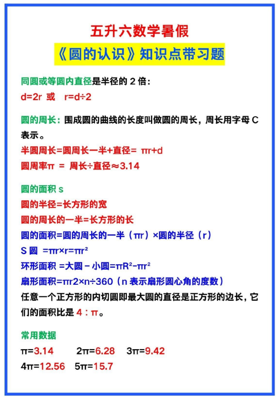 6页!五升六数学暑假《圆的认识》知识点带习题