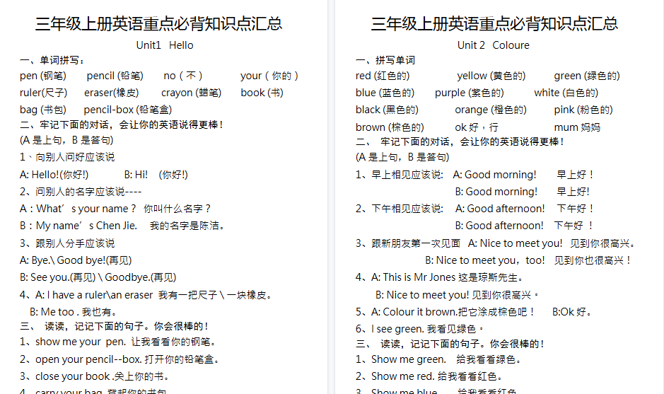 【9页高清完整版】三年级上册英语重点必背知识点汇总