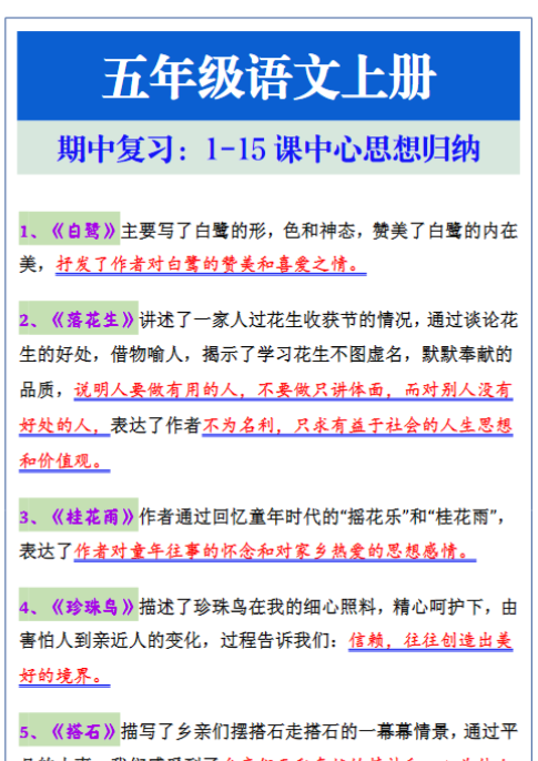 五年级语文上册期中复习：1-15课中心思想归纳